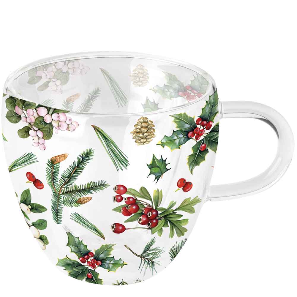 Szklanka dwuścienna termiczna Winter greenery white