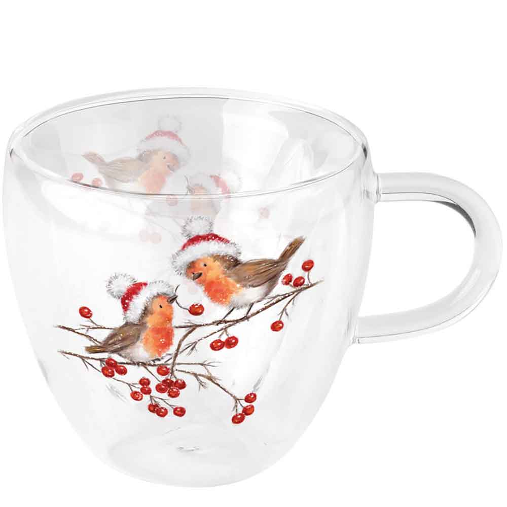 Szklanka dwuścienna termiczna Christmas robins white