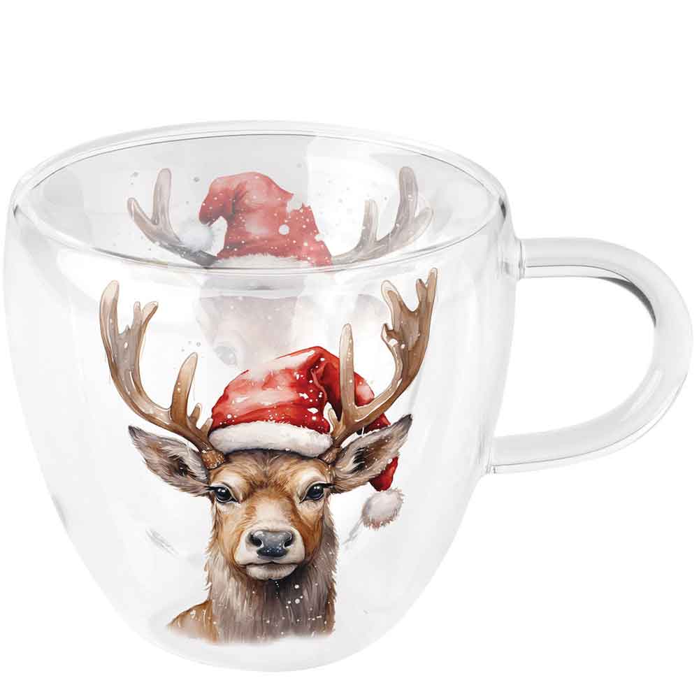 Szklanka dwuścienna termiczna 0.2 L Deer with Santa hat white