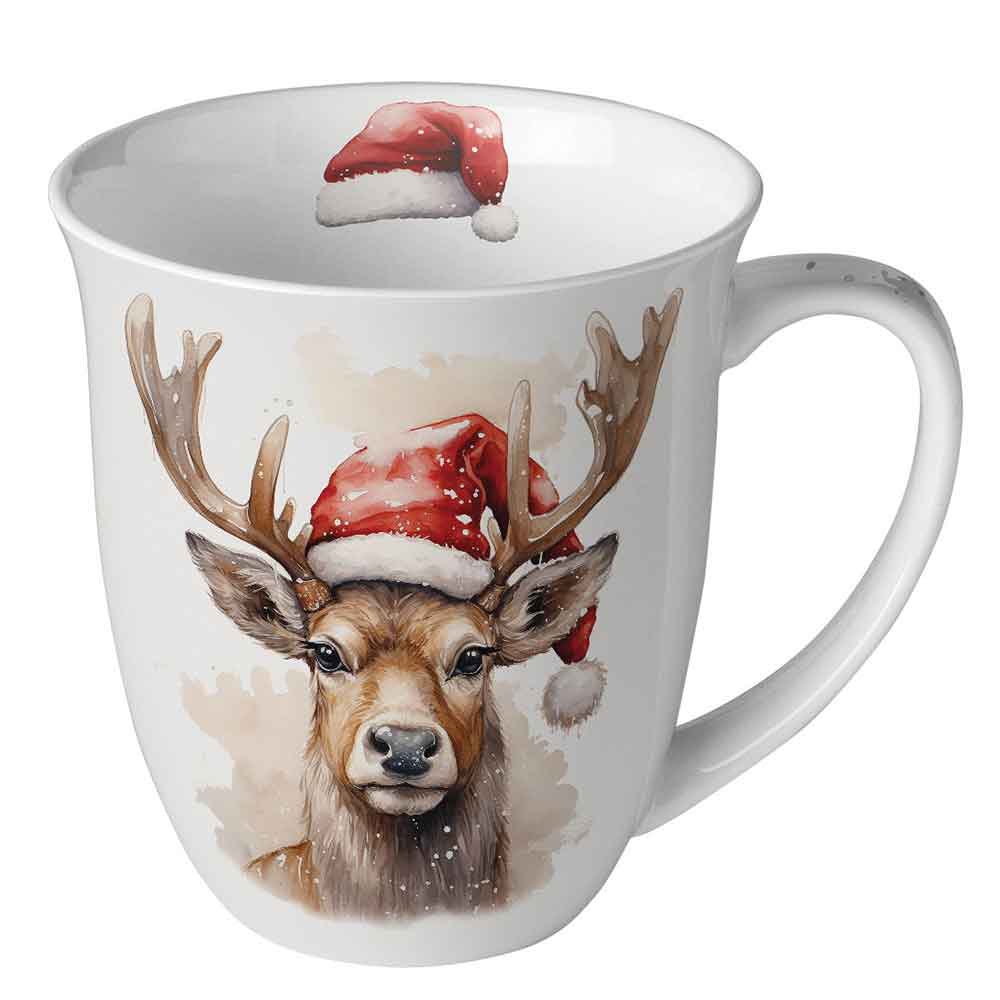 Kubek 0.4 L Deer with Santa hat white